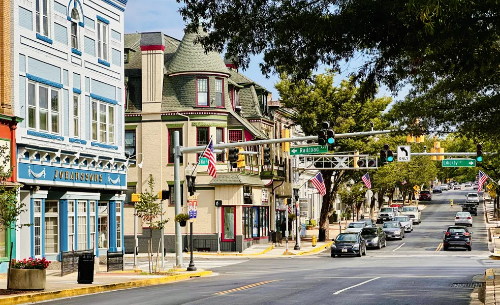 A bustling view of Main Street in Westminster, Maryland.